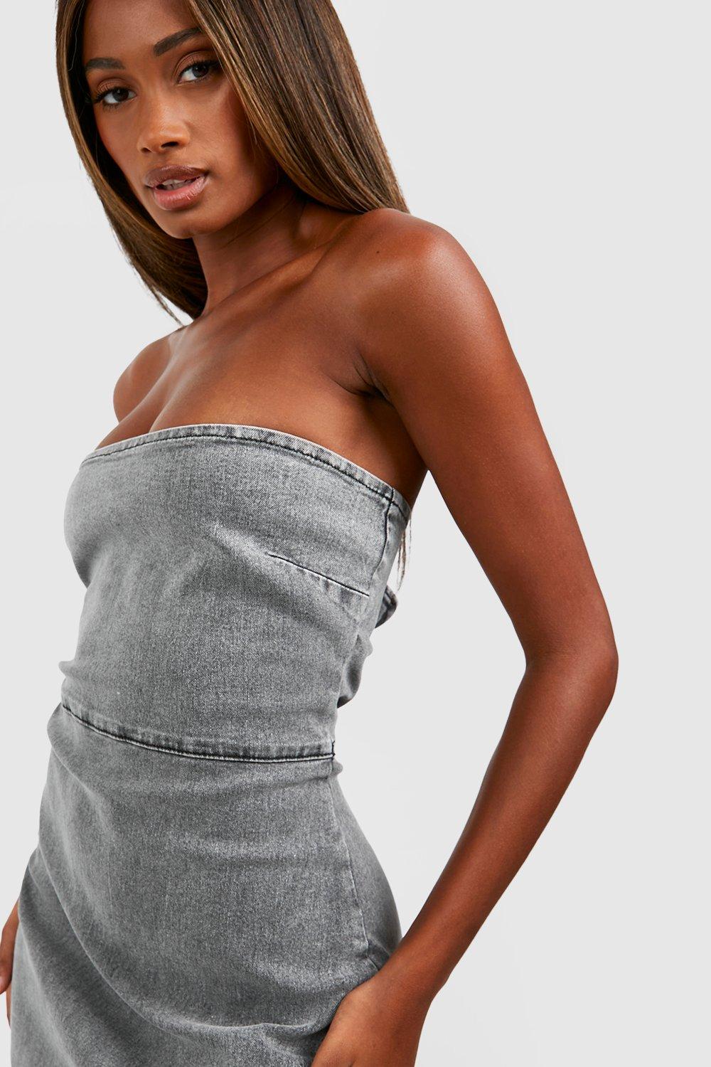 Denim Side Split Bandeau Maxi Dress