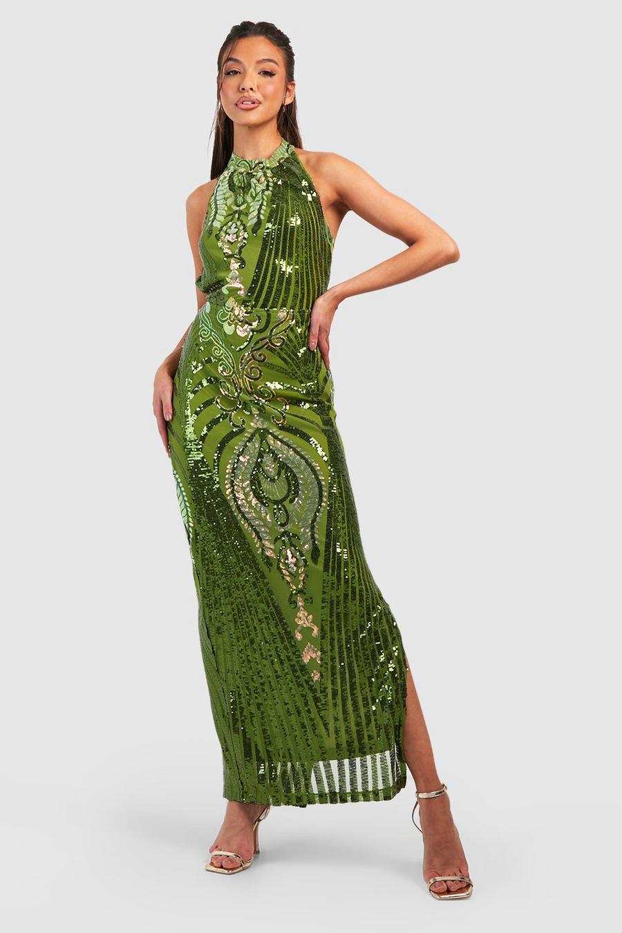 Olive green Damask Sequin High Neck Maxi Dress