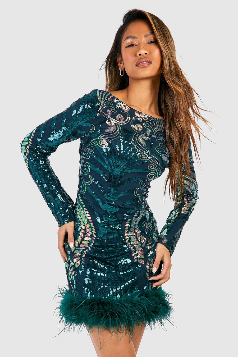 Emerald Damask Sequin Feather Hem Mini Dress image number 1