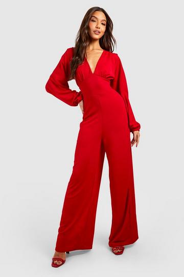 Puff Sleeve Wide Leg Jumpsuit red