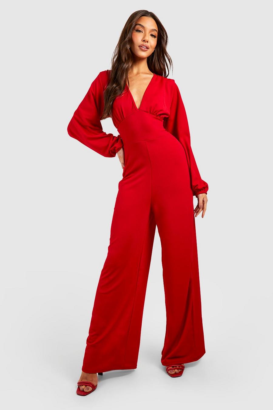 Red Puff Sleeve Wide Leg Jumpsuit image number 1