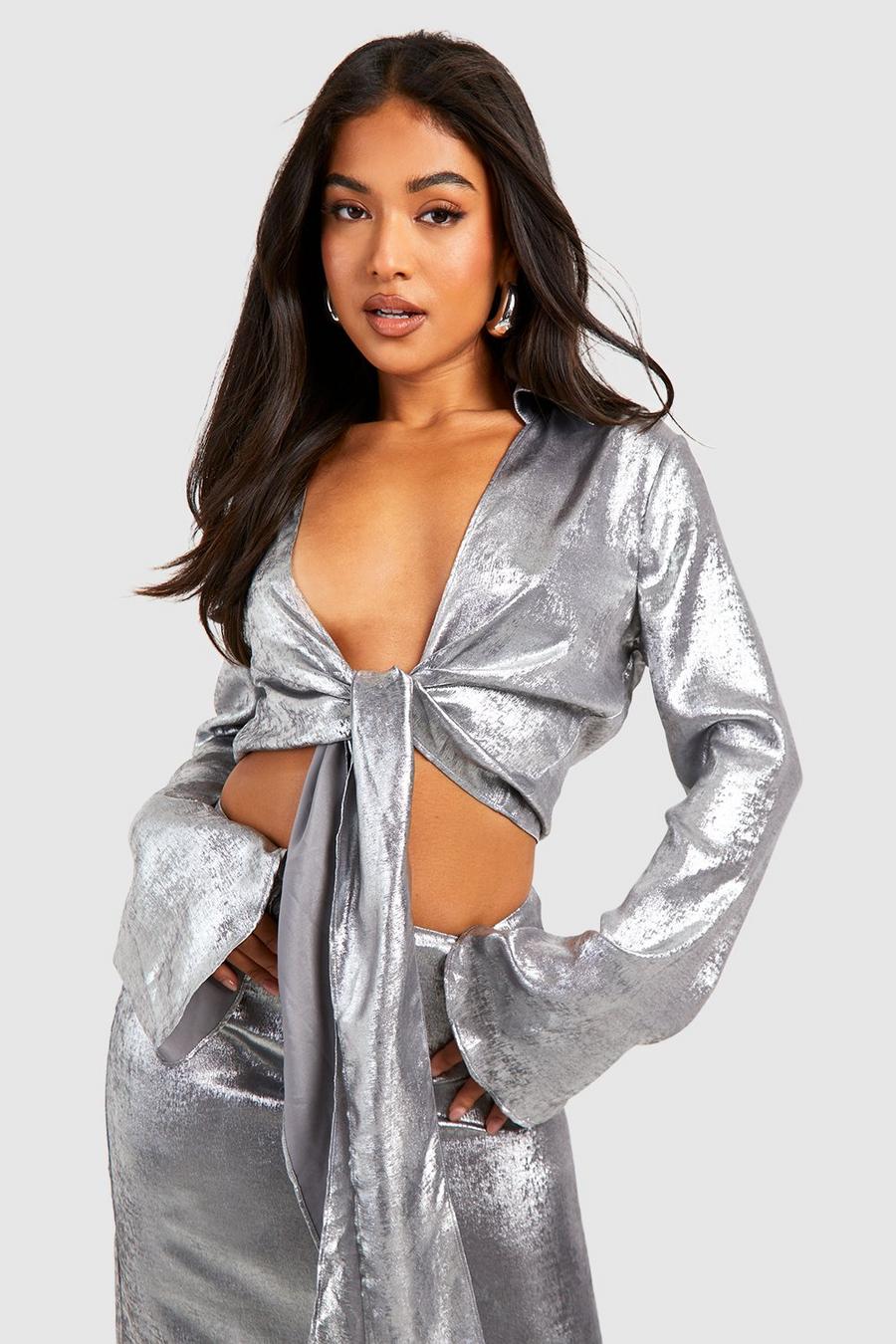 Silver Petite Metallic Tie Front Blouse  image number 1
