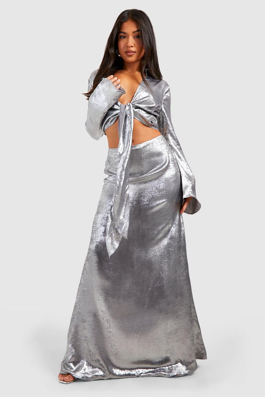 Silver Petite Metallic Bias Cut Maxi Skirt  image number 1