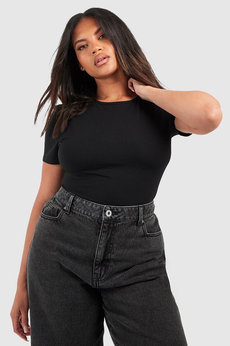 Women Ladies Plus Size O-Neck Rib-Knit Bodysuit Casual Long Sleeve Bodycon  Body Top Black 3XL