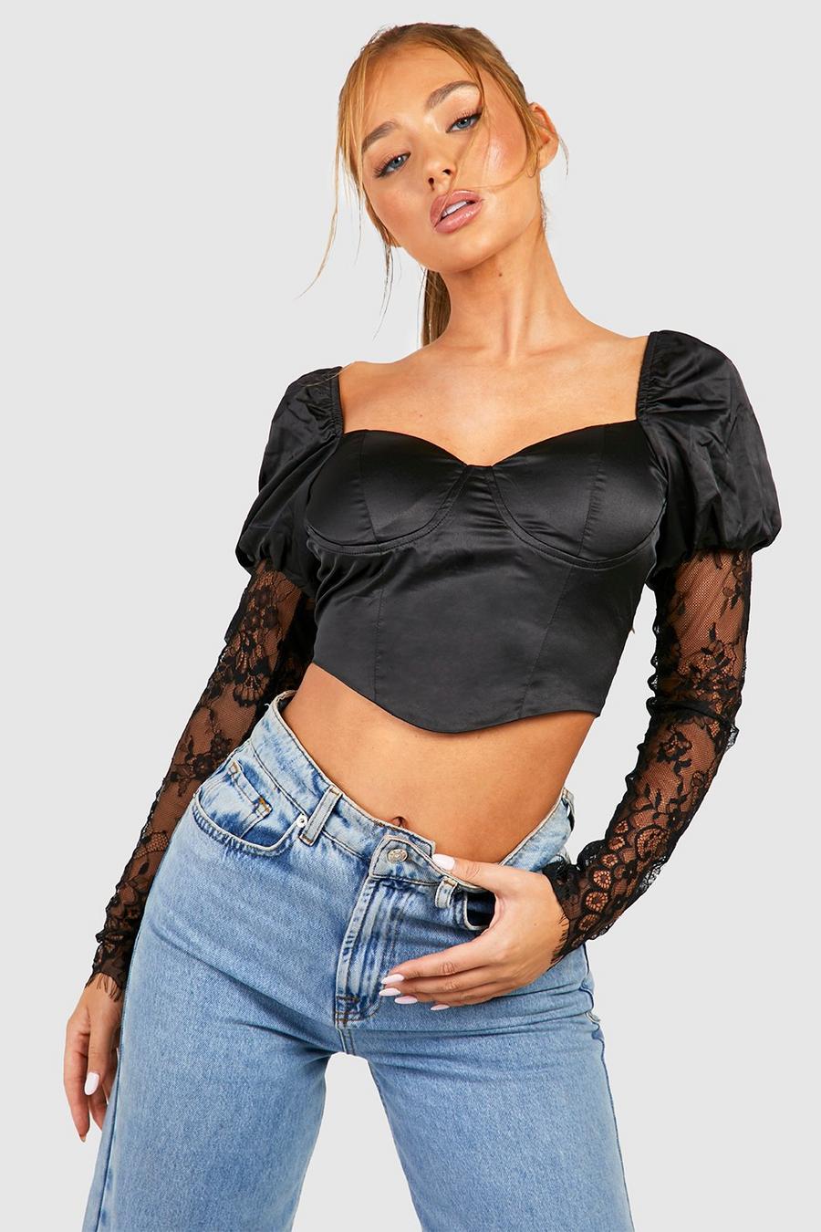 Black Satin Lace Sleeve Corset Top  image number 1