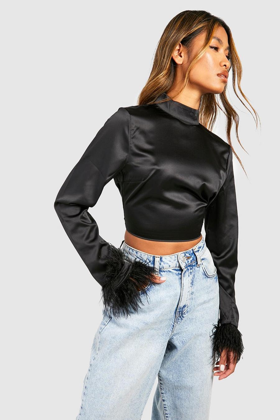 Black Satin High Neck Feather Cuff Crop Top image number 1