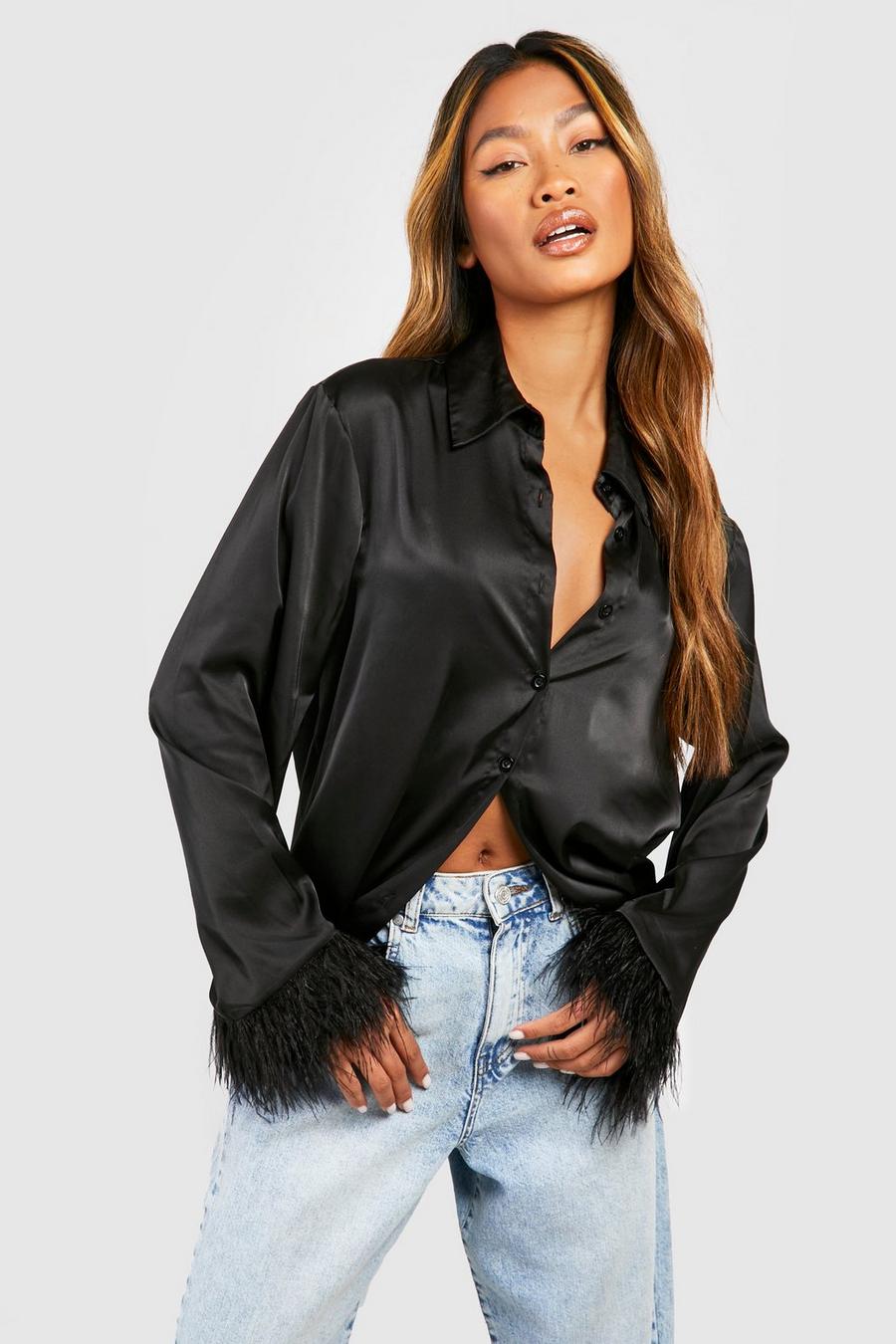 Black Satin Feather Cuff Oversized Shirt  image number 1