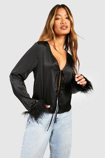 Black Satin Feather Cuff Tie Front Shirt