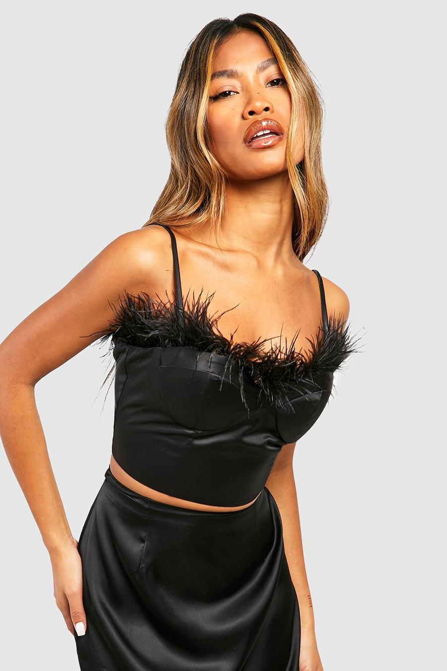 Black Satin Feather Trim Strappy Corset  image number 1