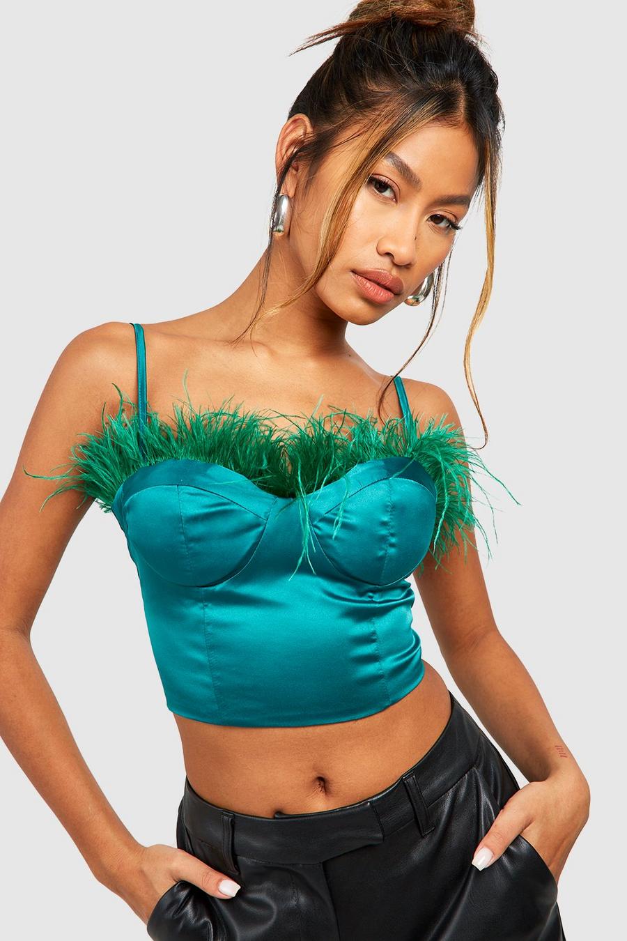 Emerald Satin Feather Trim Strappy Corset  image number 1