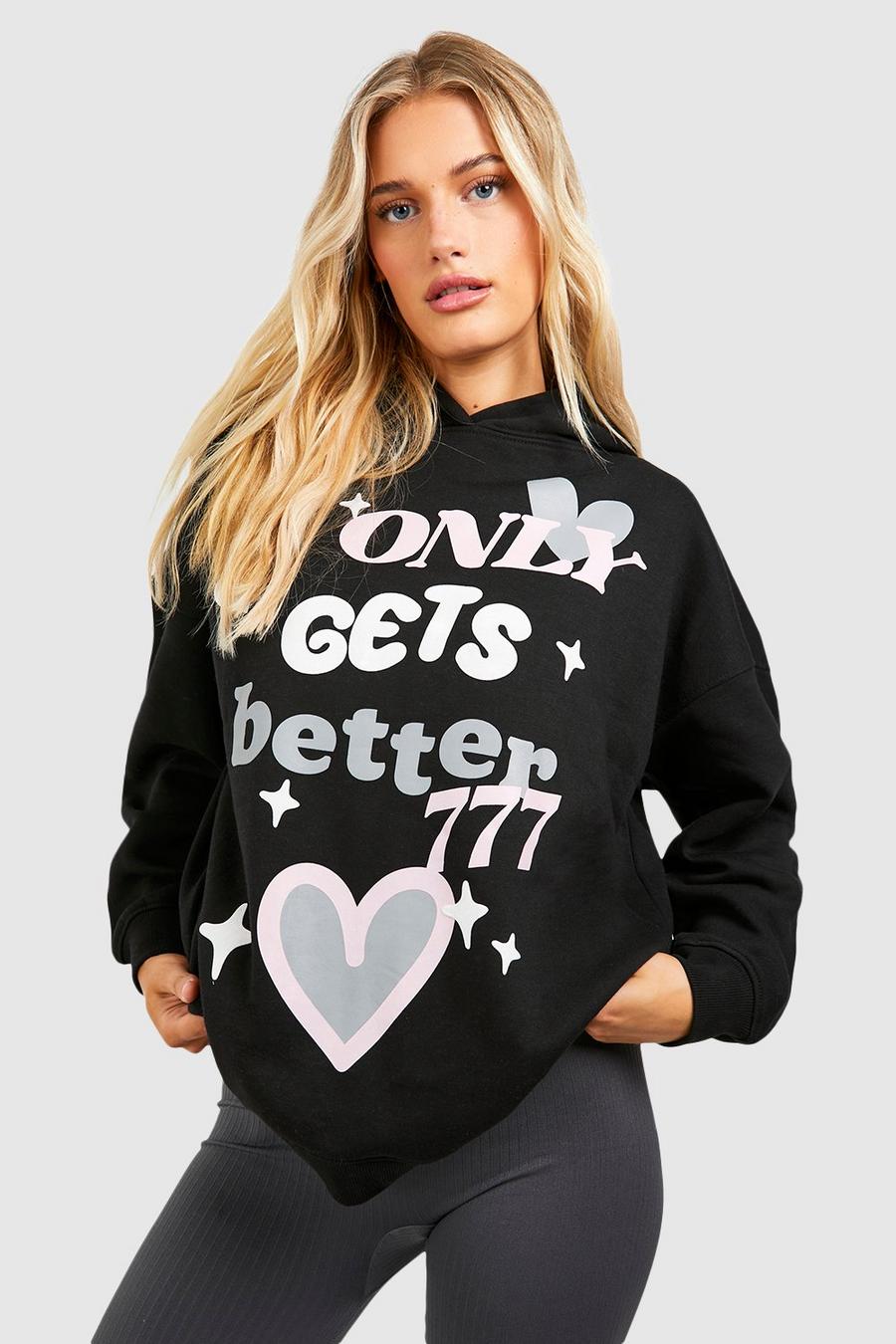 Felpa oversize con slogan e stampa a caratteri arrotondati, Black