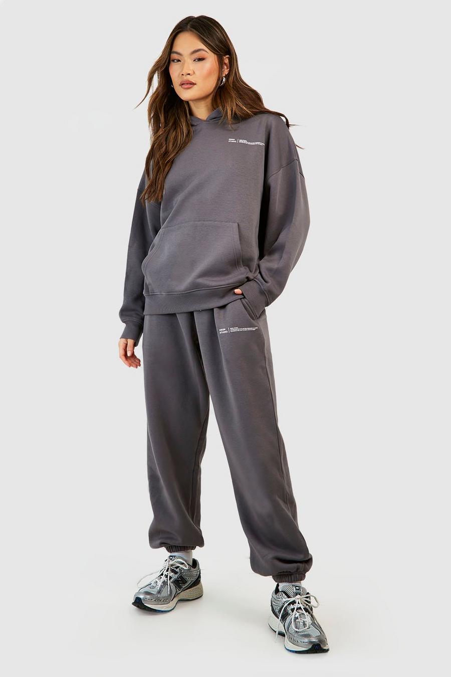 Charcoal grey Text Print Slogan Hooded Tracksuit