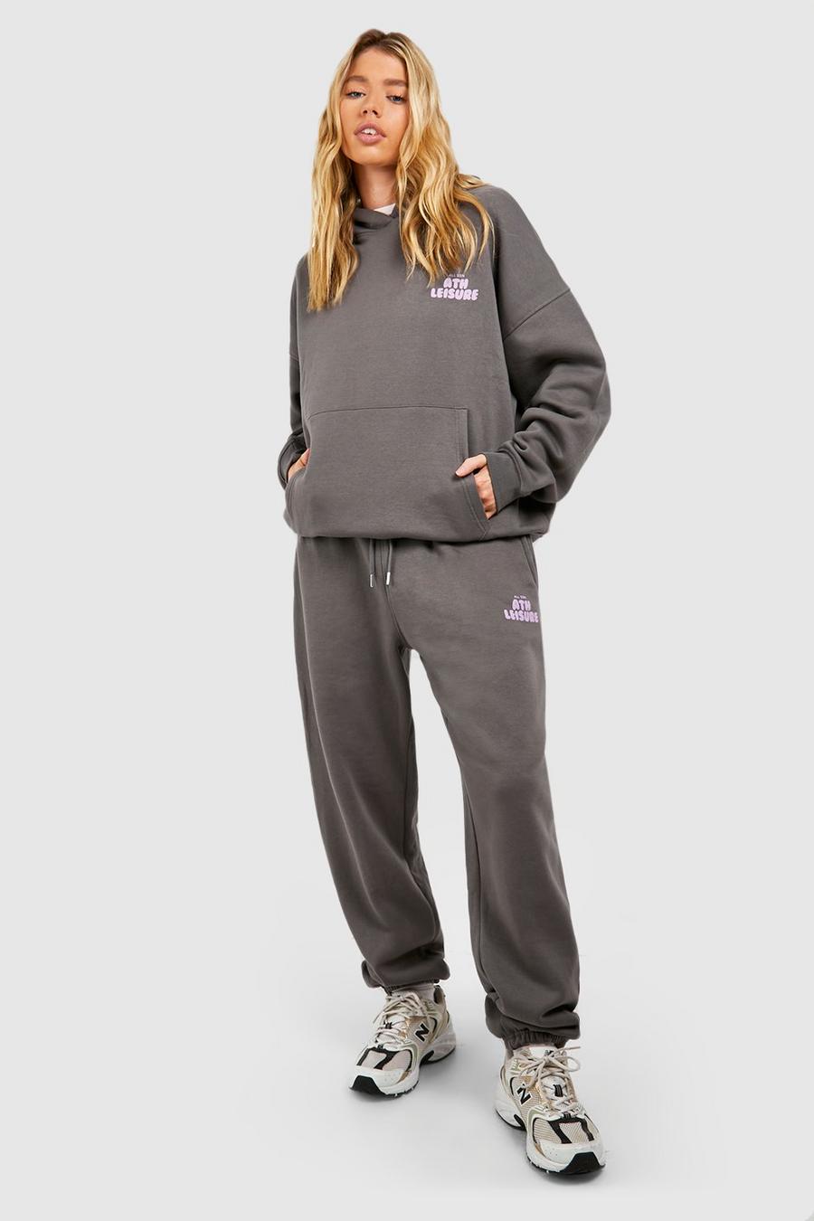 Charcoal grey Athleisure Puff Print Slogan Hooded Tracksuit