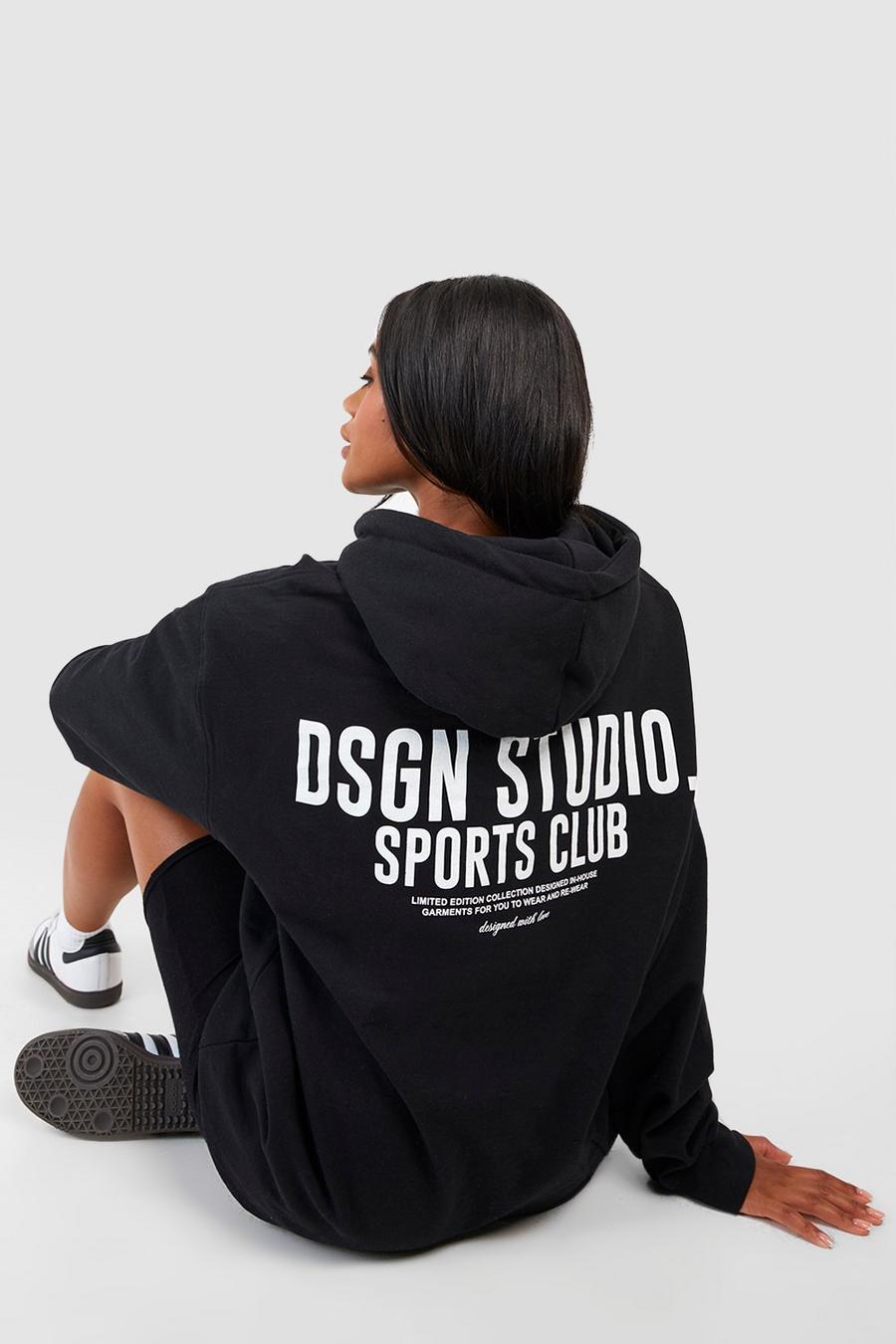 Felpa oversize con stampa di slogan Dsgn Studio Sports Club e cappuccio, Black image number 1