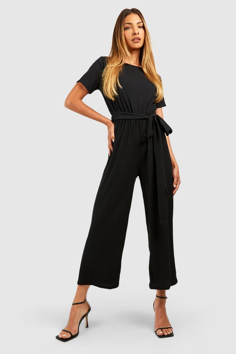 Black Short Sleeve Belted Textured Culotte Jumpsuit