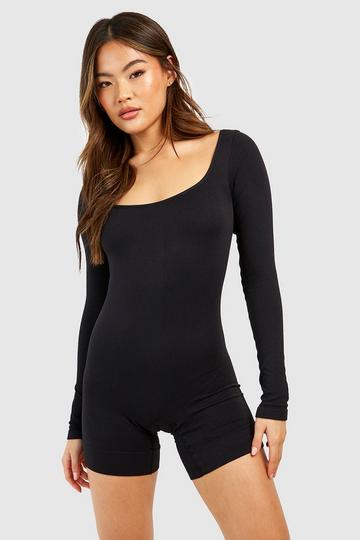 Seamless Rib Long Sleeve Short Unitard black