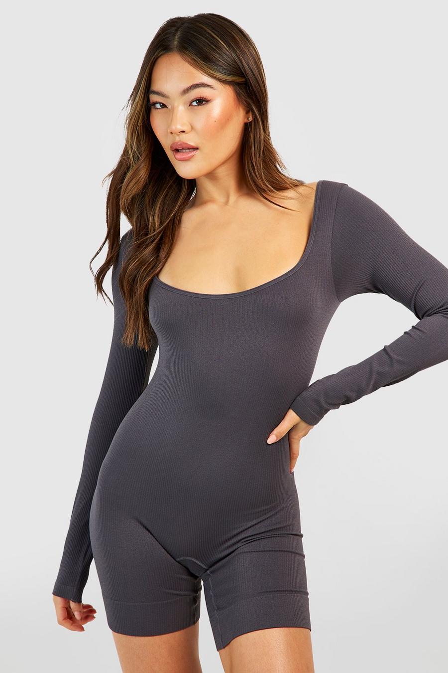 Charcoal Snatched Rib Zip Up Long Sleeve Bodysuit
