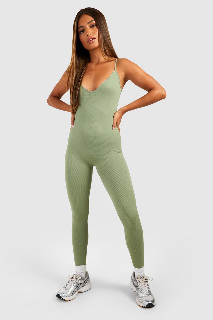 Olive green Seamless Rib Strappy Unitard image number 1