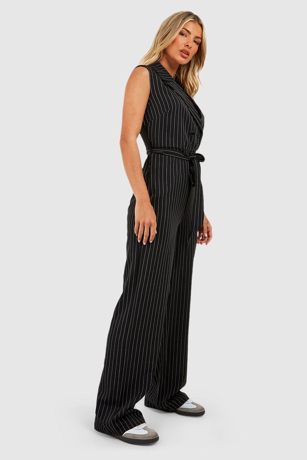 Pinstripe Collar Wrap Wide Leg Jumpsuit