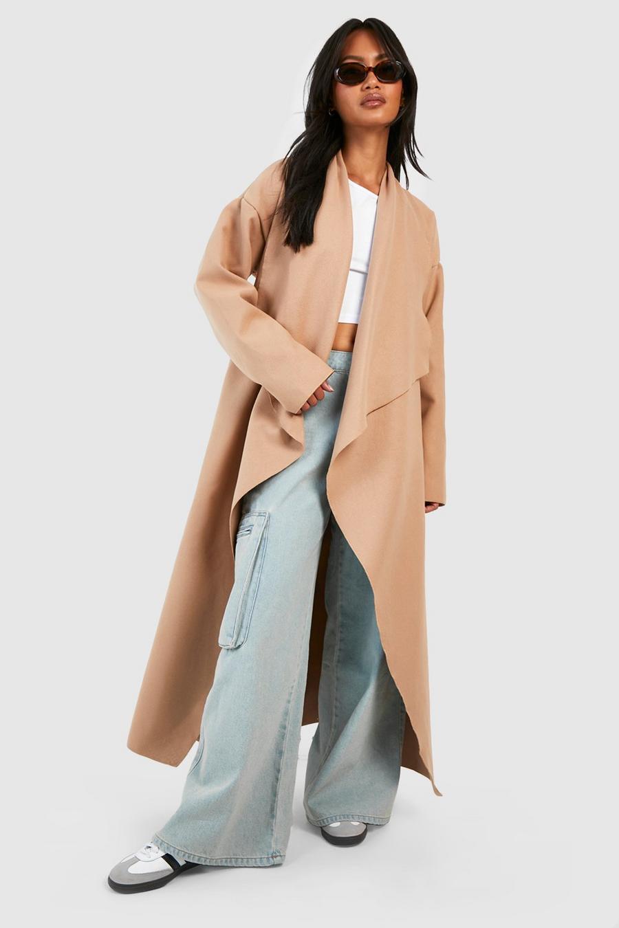 Camel Belted Super Oversized Waterfall Wool Look Coat image number 1