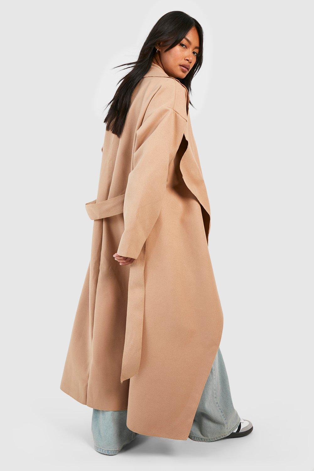 Camel maxi length oversized waterfall belted coat sale