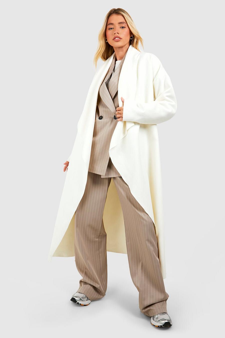 Cappotto effetto lana super oversize a cascata con cintura, Cream