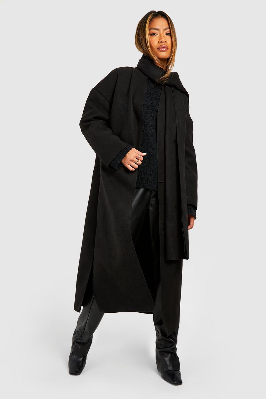 Cappotto longuette 2 in 1 effetto lana con dettagli a foulard, Black