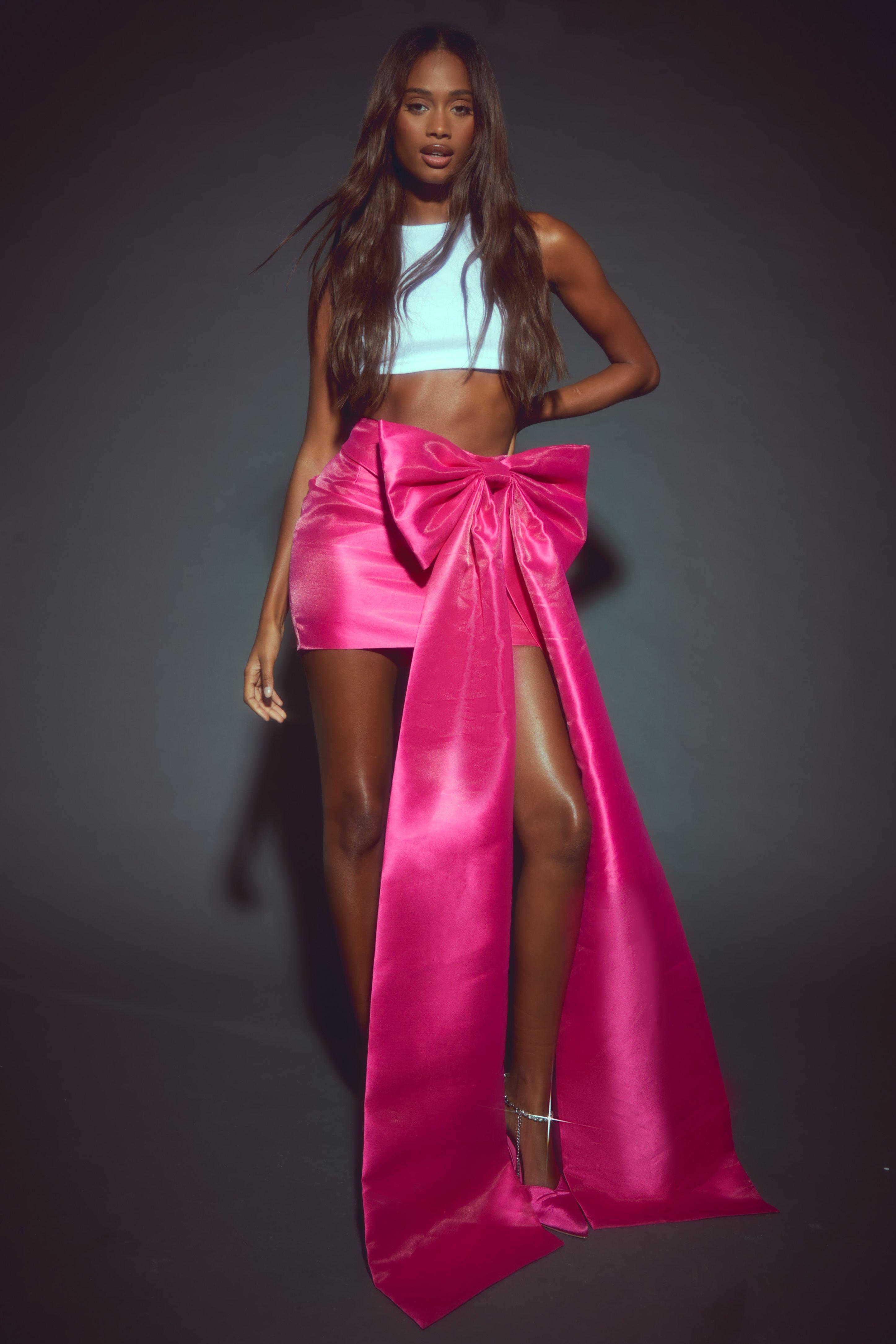 Pink Premium Structured Bow Draped Satin Mini Skirt boohoo UK