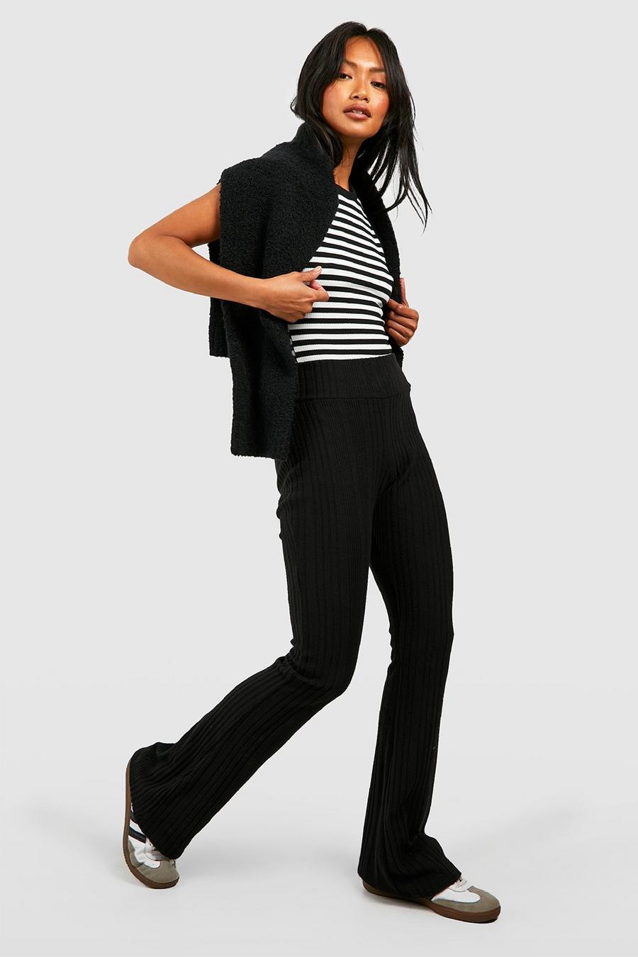 Black Brushed Rib Mid Rise Flared Trousers image number 1