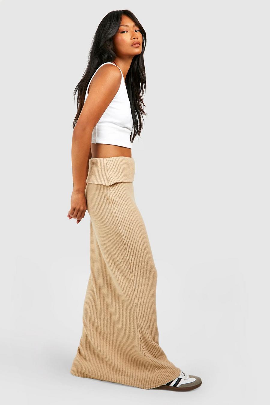 Beige Supersoft Cosy Rib Folded Waist Maxi Skirt image number 1