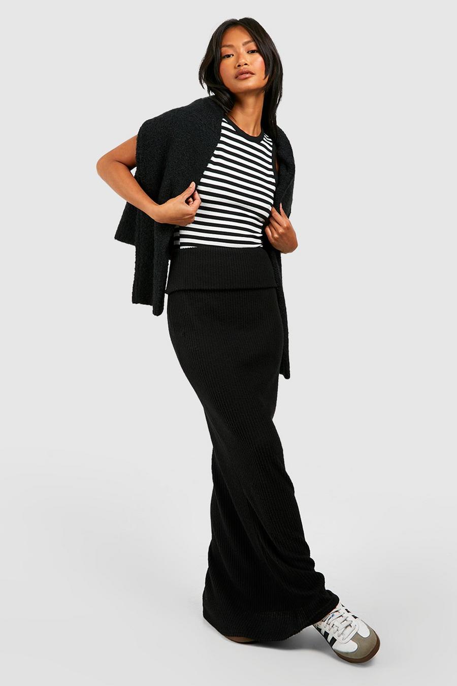 Falda maxi de canalé súper suave con cintura plegada, Black image number 1