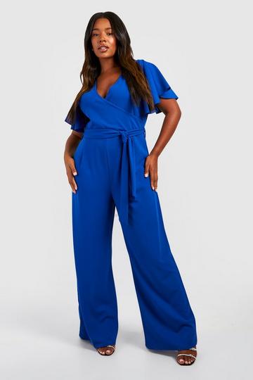 Plus Ruffle Tie Belt Wide Leg Jumpsuit cobalt