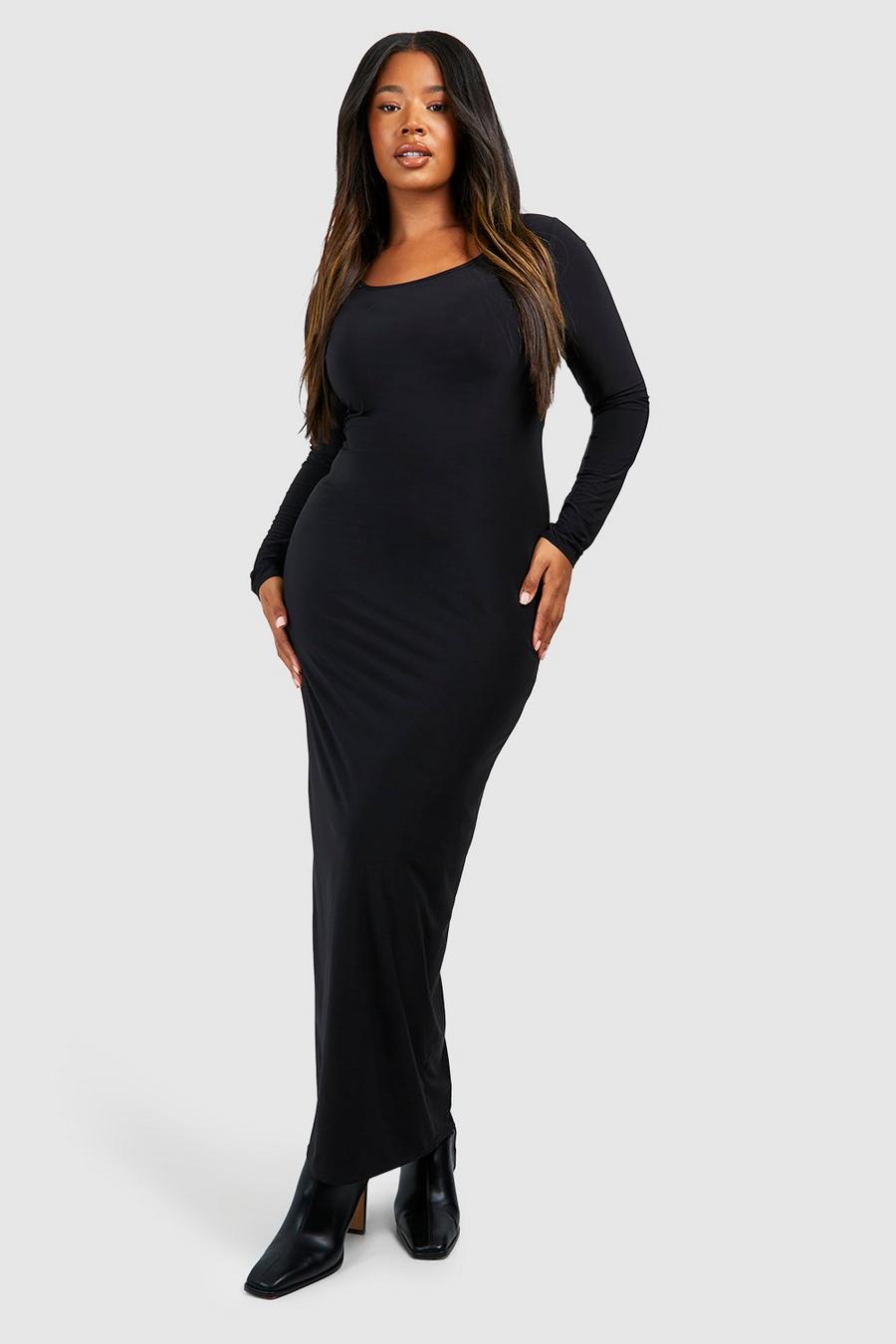 Black Plus Premium Heavy Weight Slinky Long Sleeve Maxi Dress