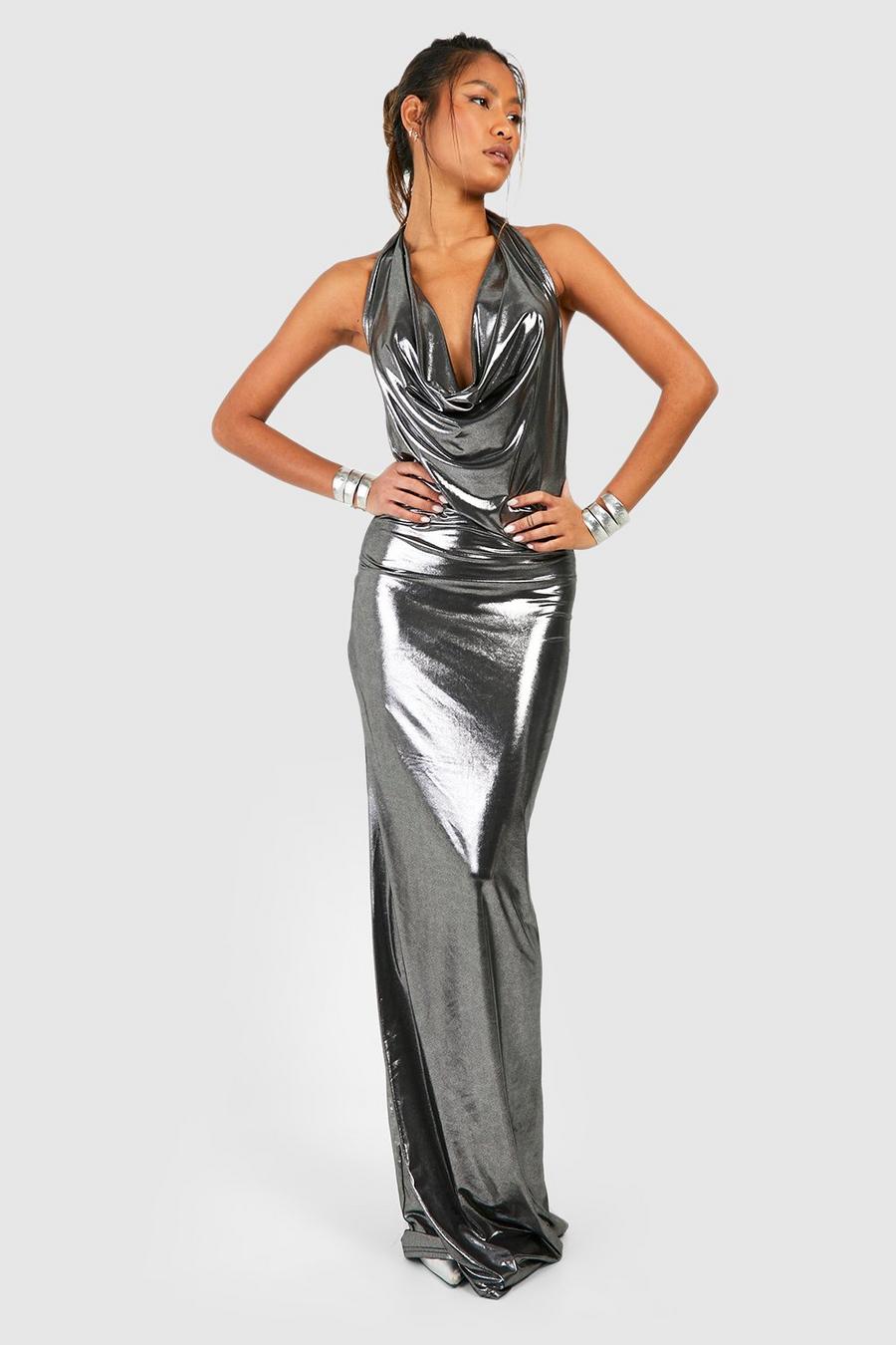Silver Metallic Cowl Halter Maxi Dress image number 1