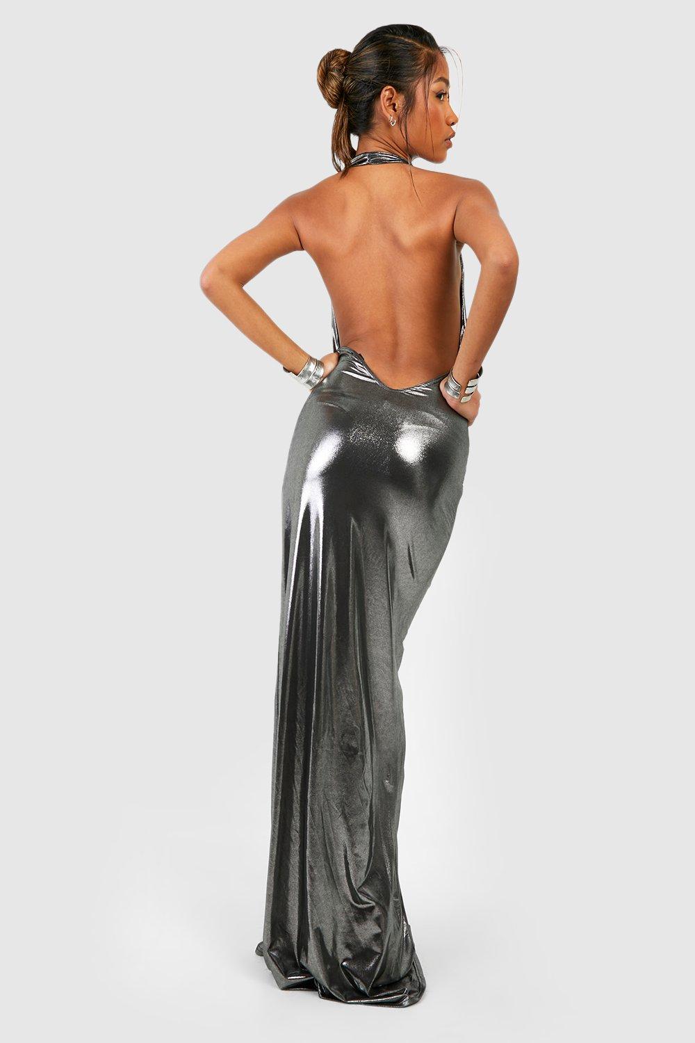 Metallic Cowl Halterneck Maxi Dress | boohoo