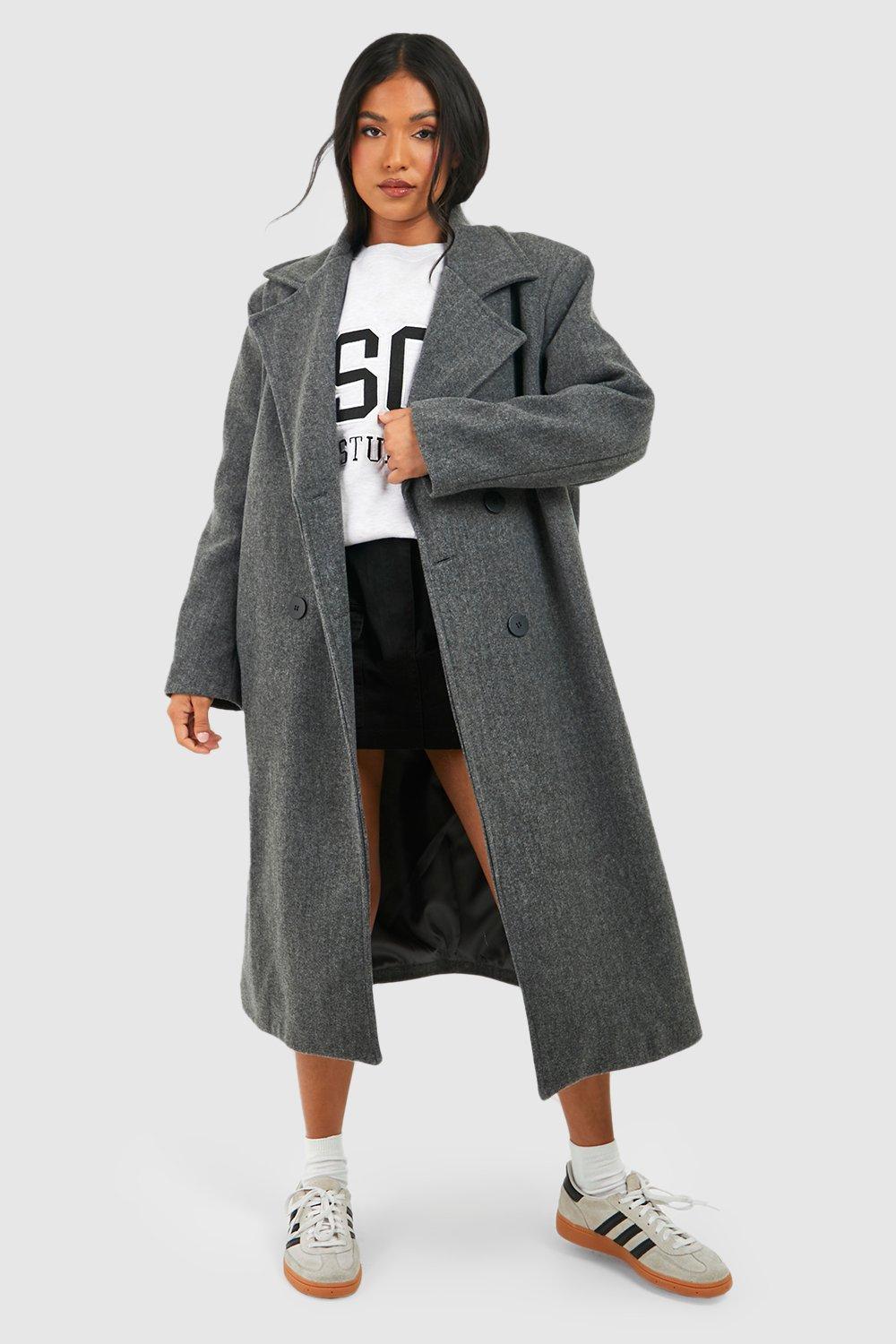 Petite Oversized Shoulder Pad Midi Wool Look Coat