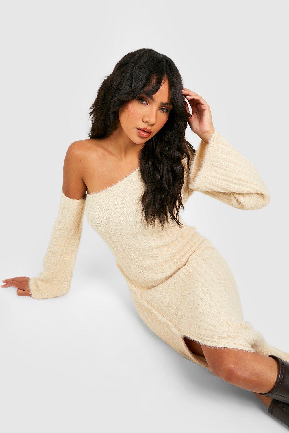 Fluffy Aymmetric One Shoulder Midi Dress | boohoo