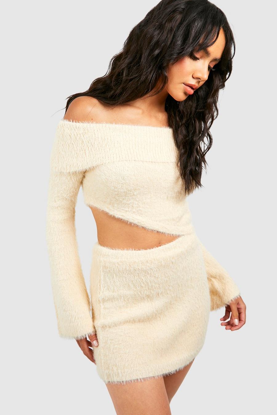 Cream Fluffy Off The Shoulder Crop Top & Mini Skirt