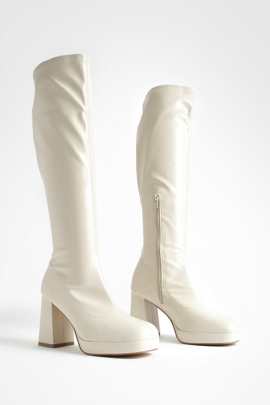 Cream white Platform Stretch Knee High Boots image number 1