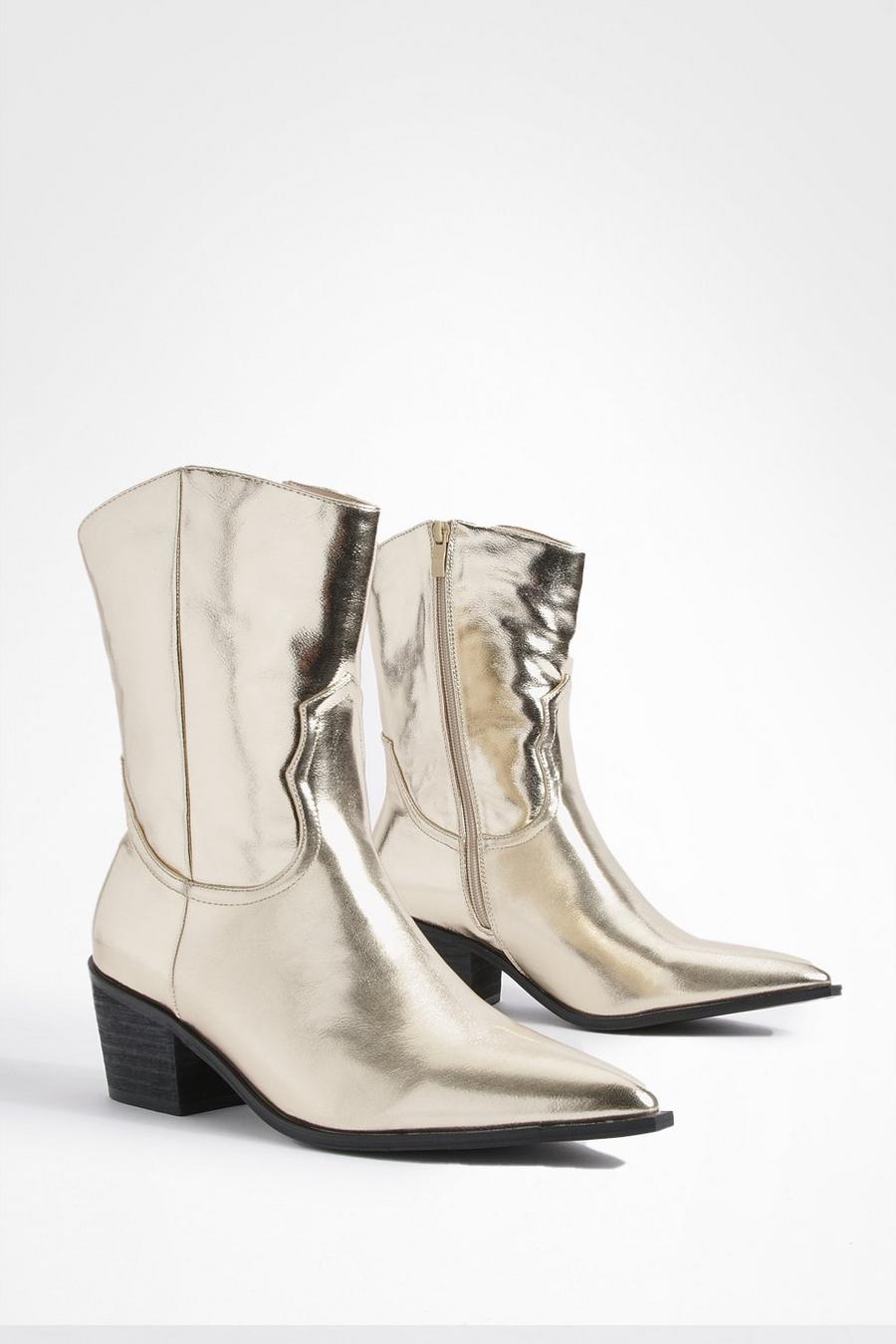 Gold metallic Wide Fit Metallic Western Ankle Cowboy Boots image number 1