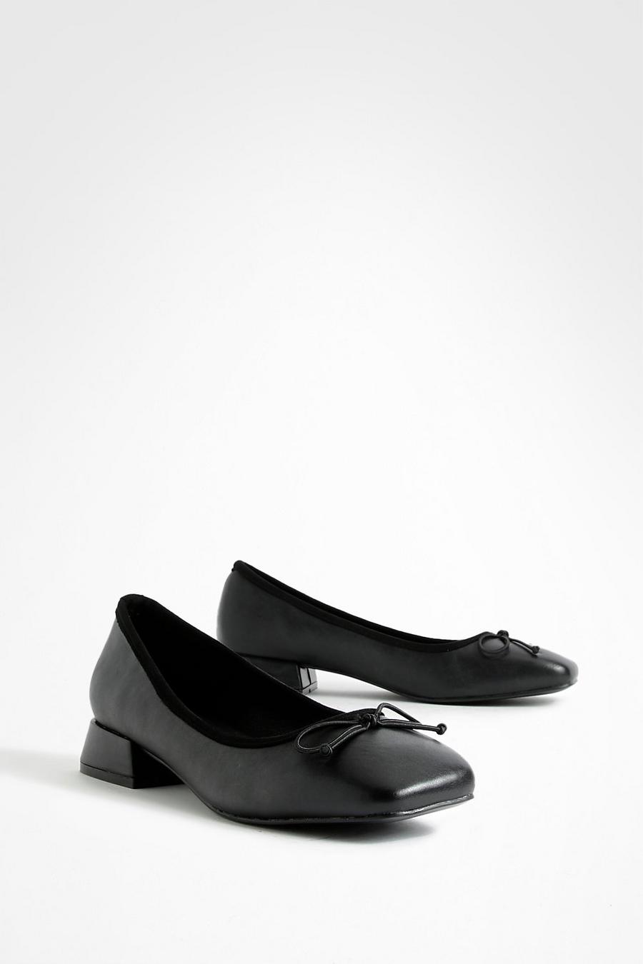Black Square Toe Ankle Strap Heeled Ballet Flats 