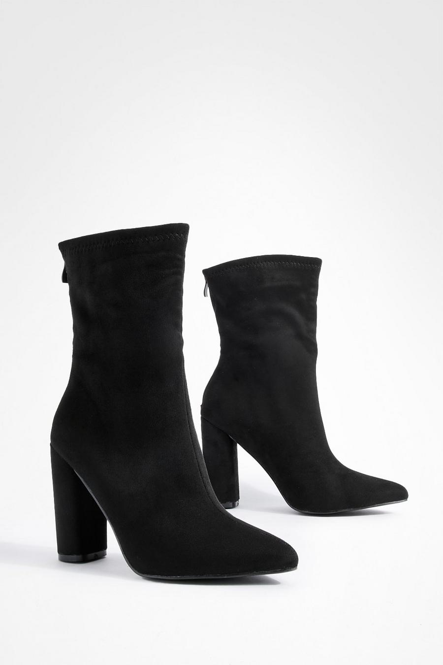 BELLE RUCHED SLOUCH BLOCK HIGH HEEL SOCK ANKLE BOOTS IN BLACK PU