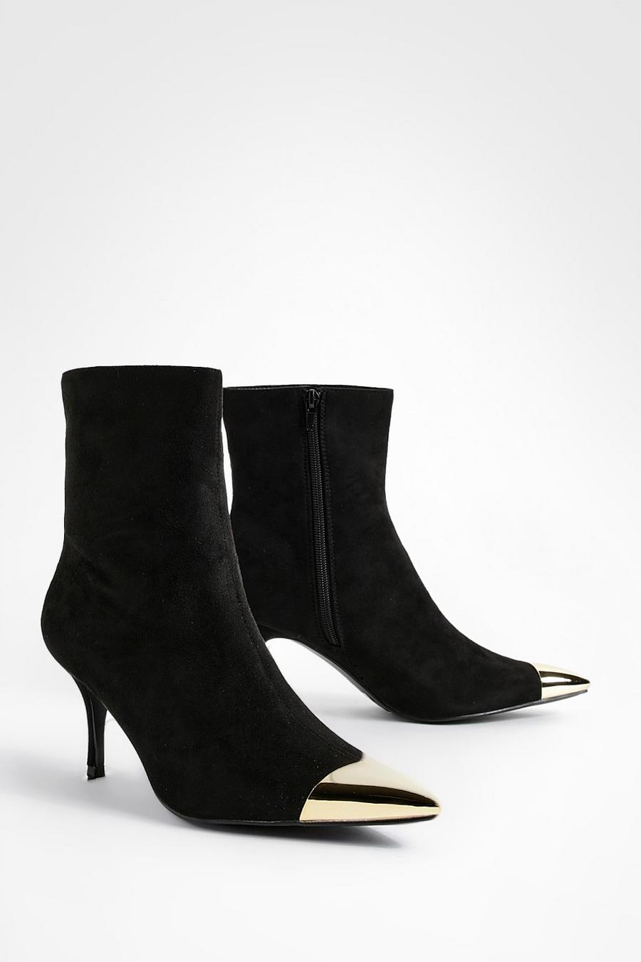 Black Metal Toe Cap Low Stiletto Pointed Toe Ankle Boots 