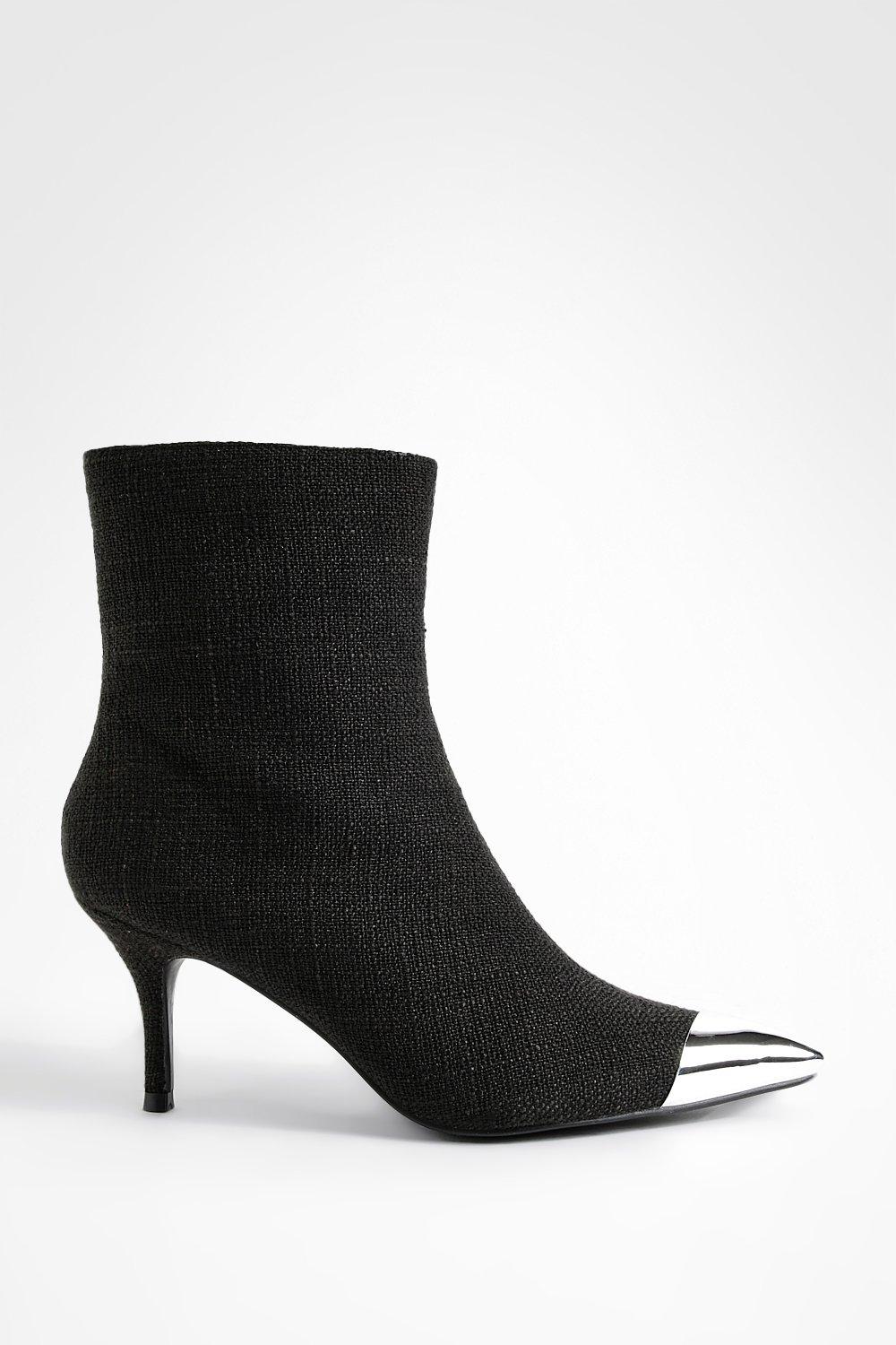 Tweed Metal Toe Cap Low Stiletto Pointed Toe Ankle Boots | boohoo