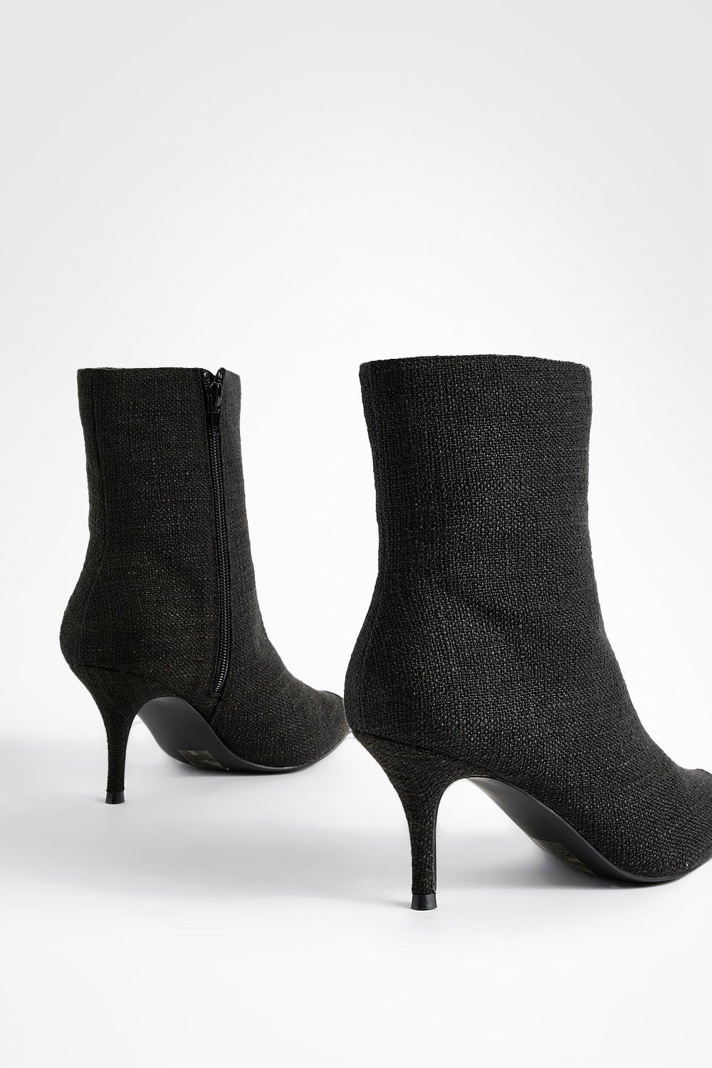 Tweed Metal Toe Cap Low Stiletto Pointed Toe Ankle Boots | boohoo