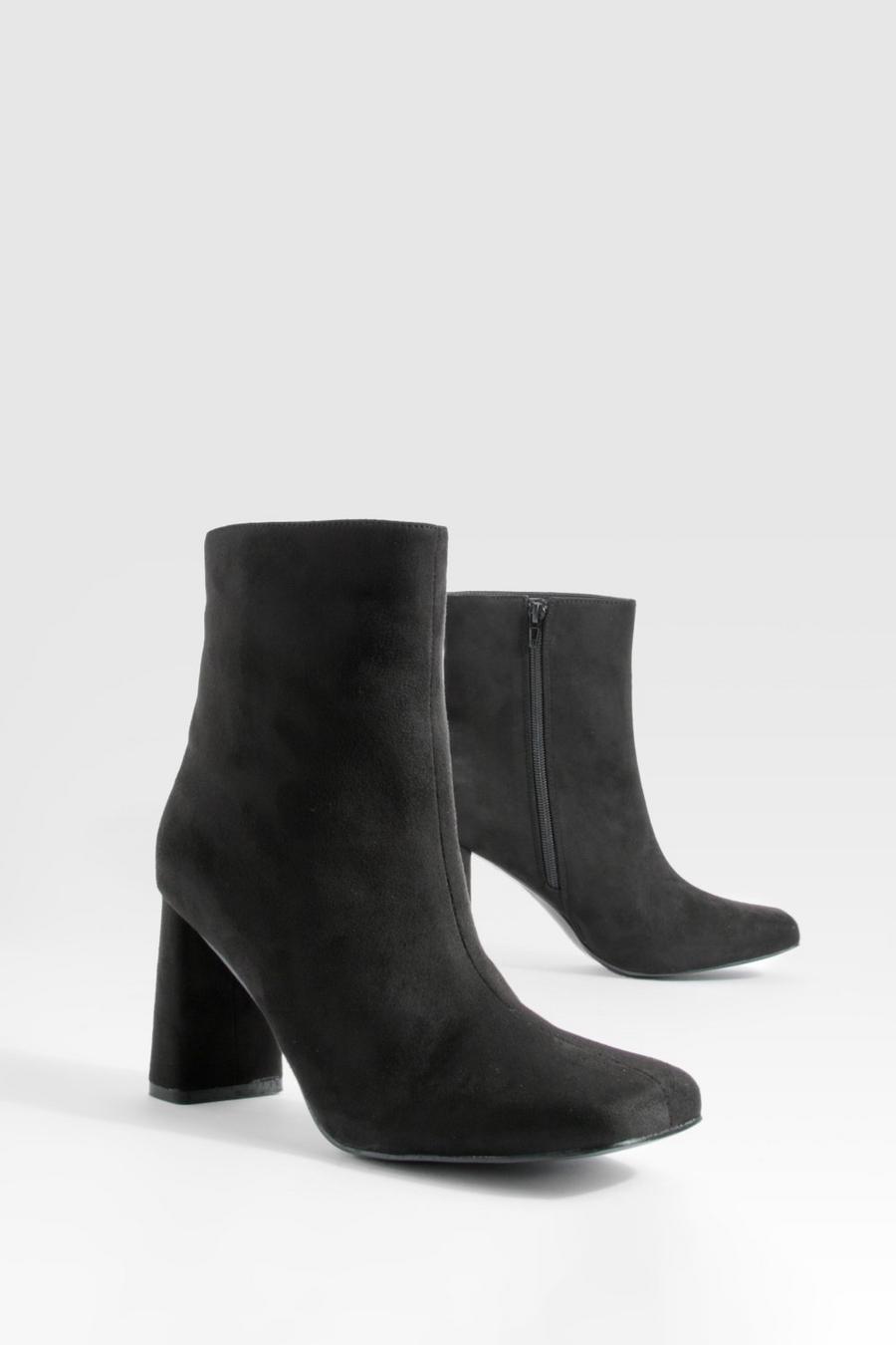 Black Wide Fit Block Heel Faux Suede Ankle Boots