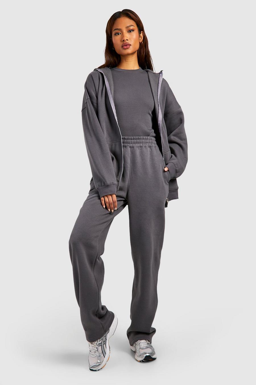 Charcoal Tall Ribbed Fitted T-shirt 3 Piece Hooded Tracksuit image number 1