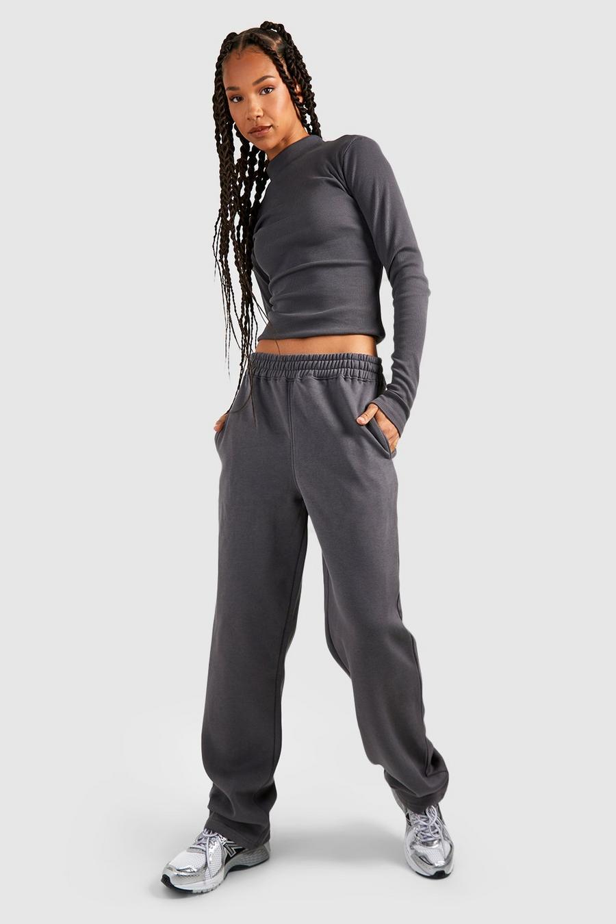 Charcoal Tall Ribbed Funnel Neck Top And Jogger Set image number 1