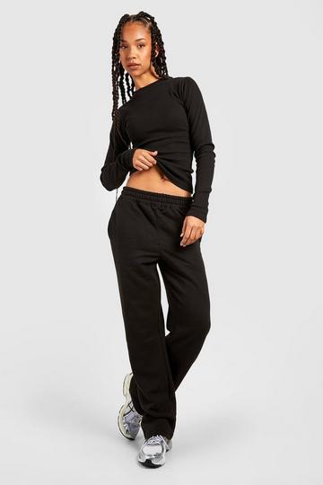 Black Tall Ribbed Crew Neck Top And Jogger Set