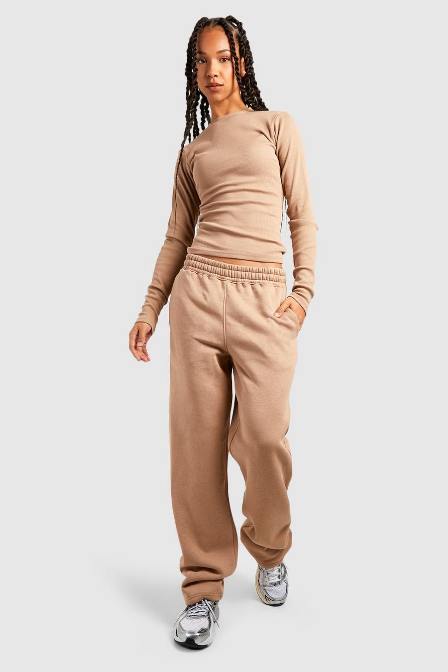 Taupe Tall Ribbed Crew Neck Top And Jogger Set image number 1